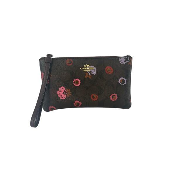 Coach Corner Zip Primrose Wristlet Small Brown Flower Logo Canvas Leather Wallet - Picture 10 of 10